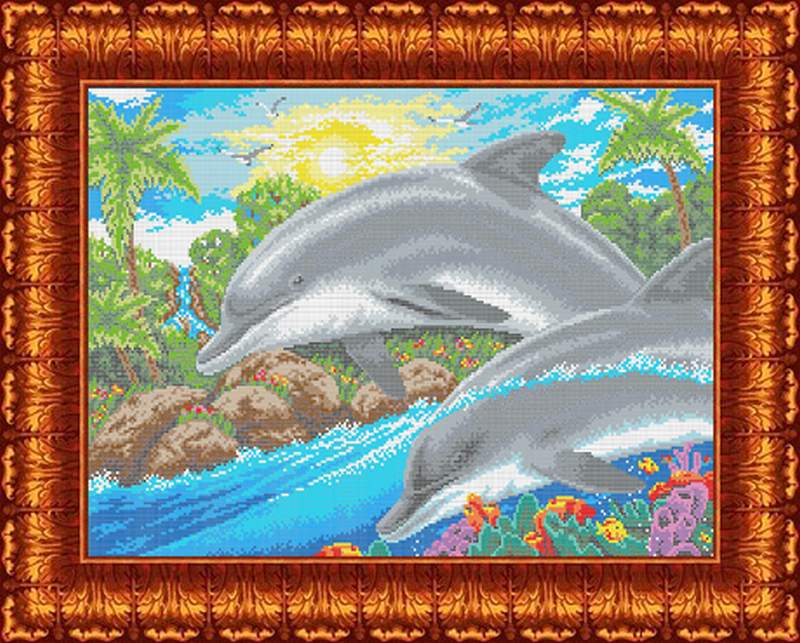 Дельфины - Канва с нанесенным рисунком для вышивки крестом 31х39 см
